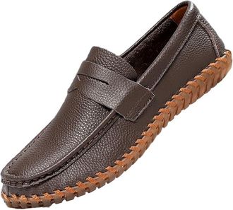 Generic Mens Large Size Leather Slip On Loafers Hand Stitched Casual Business Shoes Genuine Leather Comfort Flats Easy Wear Style for Work Office and Daily Us