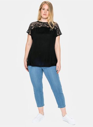 Sheego Spitzenshirt SHEEGO Spitzenshirt, Damen, Gr. 40/42, schwarz, 100% Viskose, unifarben, Rundhals, Shirts Spitzenshirt