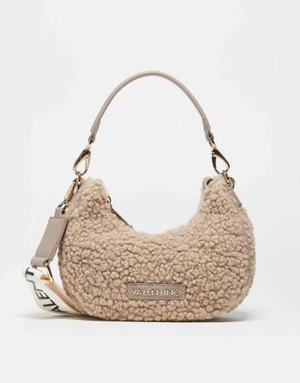 Valentino Special Camy - Borsa da spalla color talpa in pile borg con tracolla rimovibile in tessuto-Marrone