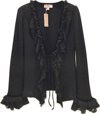 Blumarine Black Angora Wool & Leavers Lace Soft Jacket Cardigan Size S
