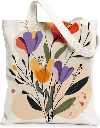 Generic Spring Freesias Flower Canvas Tote Bag for Shopping 13x15, Retro Mid Century Florals Reusable Grocery Print Bag for Women, Fun Funky Beach Aesthetic P