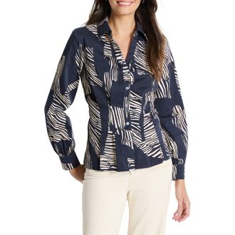 Nic+Zoe Zebra Stripe Stretch Cotton Button-Up Shirt in Indigo Multi at Nordstrom Rack, Size Xx-Large