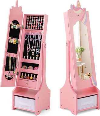 Costway Costway - Armadietto Portagioie per Bambini 31,5 x 30 x 115cm, Specchio a Figura Intera a Forma di Unicorno con Ganci, Ripiani e Cassetti, Specchiera