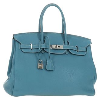 Herm&egrave;s Birkin Blue Clemence With Palladium Hardware Blue Leather Handbag (Pre-Owned)