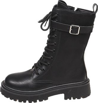 Generic Ladies Lace Up Boots Chunky Heel Stylish Biker Booties Casual Round Toe Classic Side Zipper Buckle Non-Slip Elegant Comfy Mid Calf Boots Outdoor