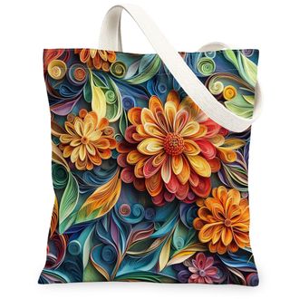 Generic Spring Quilting Paper Zinnia Flower Canvas Tote Bag for Shopping 13x15, Floral Wildflower Reusable Grocery Print Pattern Bag for Women, Garden Beach A