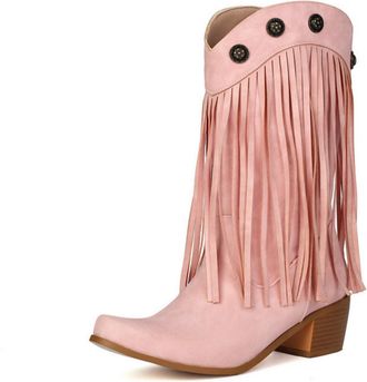 Generic Womens Vintage Cowboy Boots with Chunky Block Heel, Western Fringe and Studded Accents for Country Style,Pink,11 UK
