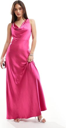 Six Stories Vestito lungo da damigella in raso rosa fucsia con scollo ad anello sul davanti