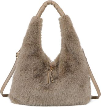 Generic Faux Fur Hobo Shoulder Bag, Plush Fluffy Handbag with Adjustable Straps, Casual Fashion Tote for Women (Khaki)