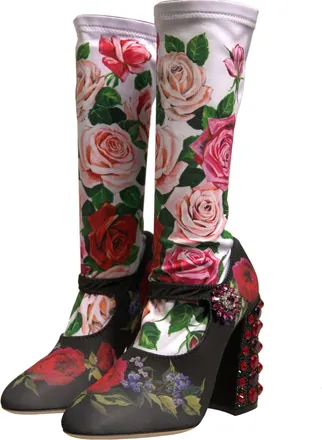 Dolce & Gabbana Womens Black Floral Socks Crystal Boots Jersey Shoes