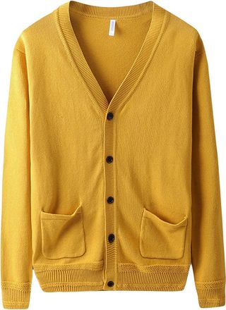 Generic Mens Cardigan Sweater Lightweight V Neck Button Down Knitwear Jacket Pockets Casual Slim Soft sports Cardigan (Yellow,2XL)