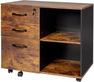 Relaxdays Relaxdays Mobile Filing Cabinet, 3 Drawers, 2 Shelves, 66 x 80 x 40 cm, 4 Wheels, Lockable, Office Storage, Brown/Black