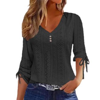 Generic Tops for Women Plus Size Long Sleeve V Neck Button Lace T Shirts Casual Broderie Anglaise Loose Fit Shirts Blouse Comfy Oversized Tunic Tops Light Dea