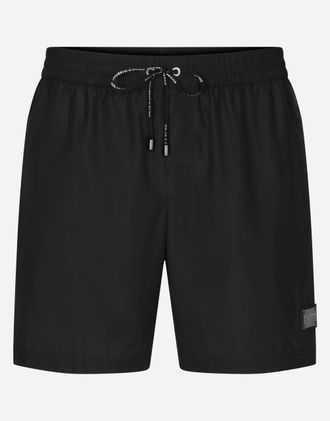 Dolce & Gabbana Mid-length Swim Trunks With Branded Plate - Man Beachwear Black Fabric 2