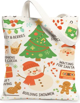 Generic Holiday Fun Canvas Tote Bags, Joyful Winter Design Reusable Grocery Bags, Lightweight Washable Shoulder Strap Canvas for Sh, White, 13x15 Inch