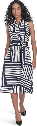 Calvin Klein Geo Print Faux Wrap Dress Womens Dress Indgo/Cream : 12, Polyester/Spandex