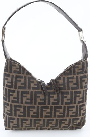 Fendi Brown Leather Canvas Handbag Shoulder Bag Tote Bag (Pre-Owned)