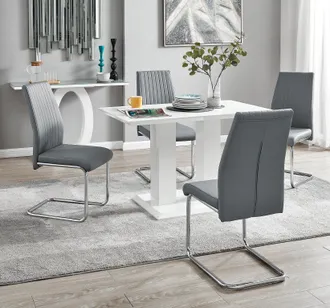 Furniturebox Imperia 4 Seater Modern White High Gloss Rectangular Dining Table & 4 Lorenzo Faux Leather Chairs in Grey