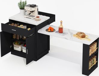 STILVORA Isla De Cocina Con 2 Cajones, 1 Puerta, Estante Ajustable, Mesa Extensible Y Enchufes, En Mdf, 211 X 55 X 89,5 Cm, Negro