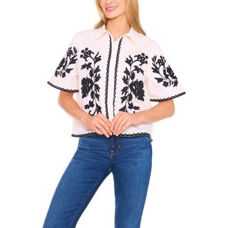 CeCe by Cynthia Steffe Embroidered Relaxed Fit Cotton Button-Up Shirt in Eggnog at Nordstrom, Size Medium