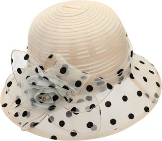 Generic Women Kentucky Organza Derby Hats with Floral Wide Brim Polka Dots Fascinating Bowler Hat Wedding Party Church Fascinators Cap Beige