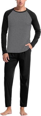 Generic Mens 2 Piece Pajamas Set Home Outfits Long Sleeve T Shirt and Bottom Pajama Set Lounge Set Sleepwear Yoga Suit(Black,Medium)