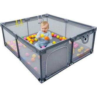 Relaxdays Relaxdays Box per bambini, 120 x 180 cm, box, 50 palline, 2 anelli, area giochi sicura, tessuto Oxford, grigio