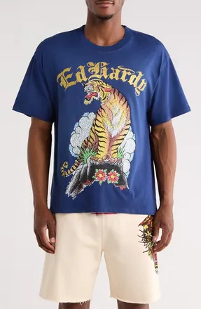 Ed Hardy Rhinestone Tiger Mountain Boxy Graphic T-Shirt in Sunfade Navy at Nordstrom Rack, Size Medium