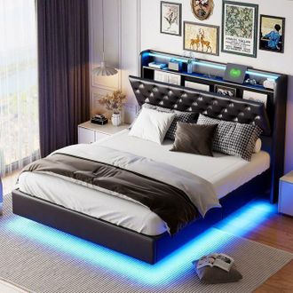 OEM Cama Lit 160x200 Cm Suspendida Tapizada En Pu Negro Con Led Integrada, Somier De Lamas Y Cofre De Almacenamiento