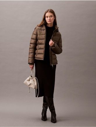 Calvin Klein Womens High Shine Lightweight Puffer Jacket - Brown - XS