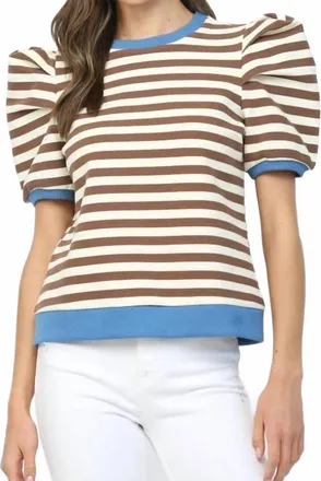 Fate Made To Standout Stripe Puff Sleeve Top In Brown