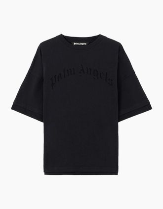Palm Angels Mens Curved Logo Loose Double Tee - Black - Size: 36