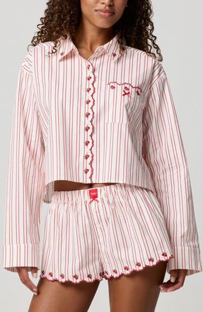 Florence By Mills Cherry Stripe Crop Button-Up Shirt in Cherry Scallop at Nordstrom, Size Xx-Large
