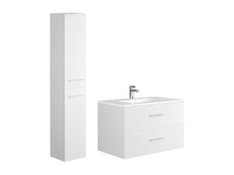 Vente-Unique Mueble de ba&ntilde;o flotante con lavabo individual y columna de almacenamiento - Color blanco - 80 cm - KAYLA