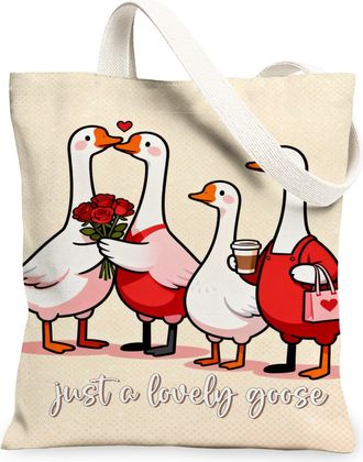 Generic Lovely Geese Canvas Tote Bags, Cute Animal Design Reusable Grocery Bags, Spring Floral Lightweight Washable Shoulder Strap, Beige, 13x15 Inch