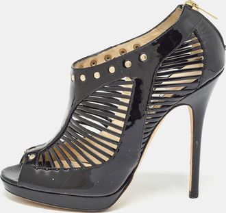 Jimmy Choo London Black Patent Leather Caged Open Toe Pumps