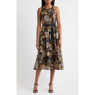 Tahari by ASL Embroidered Tie Waist Sleeveless Midi Dress in Brown Gold at Nordstrom Rack, Size 12