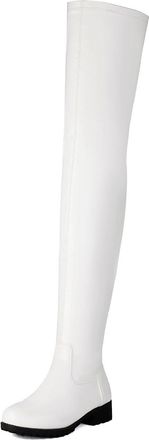 Generic Womens Round Toe Platform Long Boots Flat Heel Over The Knee Boots PU Leather Thigh High Boot with Side Zipper,White,7.5 UK