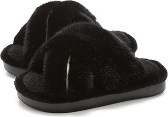 Generic Womens Fuzzy Cross-Band Platform Slides, Winter Warm Memory Foam Slippers, Non-Slip Sole Indoor Outdoor House Shoes,Black,7.5 UK