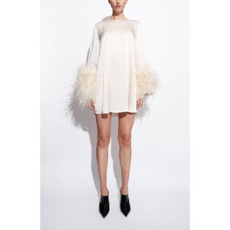 Sally Lapointe Satin Shift Dress With Feathers in Cream at Nordstrom, Size X-Small