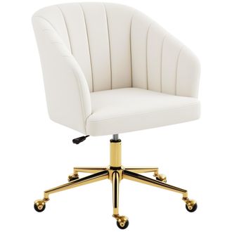 HOMCOM Homcom Silla De Oficina Con Ruedas, Silla De Escritorio De Terciopelo Con Respaldo Acolchado, Altura Ajustable, Espuma De Alta Resiliencia, Crema