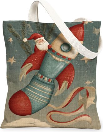 Generic Christmas Rocket Canvas Tote Bags, Santa Claus Retro Design Reusable Grocery Bags, Holiday Lightweight Washable Shoulder St, Red, 13x15 Inch