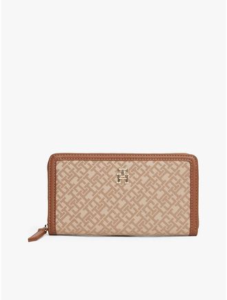 Tommy Hilfiger Womens Monogram Jacquard Zip Wallet - Beige