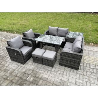 Fimous Wicker pe Rattan Garden Dining Set Outdoor Furniture Sofa with Rectangular Dining Table Side Table 2 Small Footstools Dark Grey Mixed - Fimous