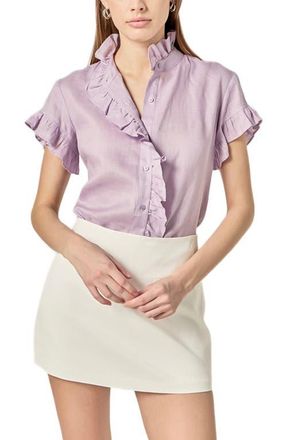 English Factory Ruffle Trim Linen Button-Up Shirt in Lilac at Nordstrom, Size X-Small
