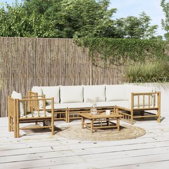 vidaXL Set De Muebles De Jard&iacute;n 7 Piezas Bamb&uacute; Y Cojines Blanco Crema Vidaxl