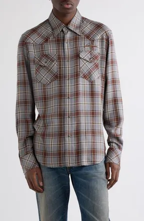 Acne Studios Surrow Embroidered Logo Plaid Flannel Western Shirt in Multi Grey at Nordstrom, Size 52
