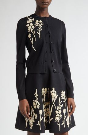 Lela Rose Floral Raffia Embroidered Cardigan in Black at Nordstrom, Size Medium