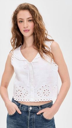 LE JEAN Embroidered Eyelet Sailor Top In White