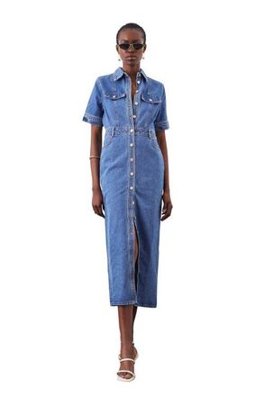 Karen Millen Denim Midi Shirt Dress in Mid Wash at Nordstrom, Size 10